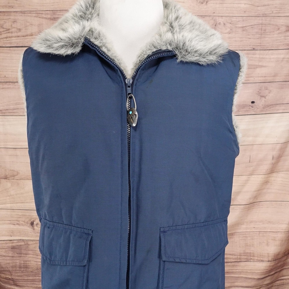 Vintage Woolrich Mens Jacket Vest L Navy Blue Faux‎ Fur Lined Zippered USA